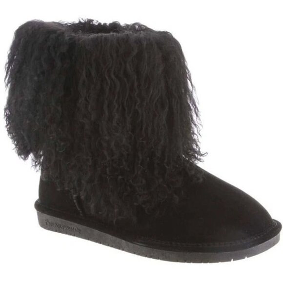 Bearpaw Boo Black Shearling Wool Line Curly Lamb Fur Mongolian Sherpa Boots 8 - Picture 1 of 9